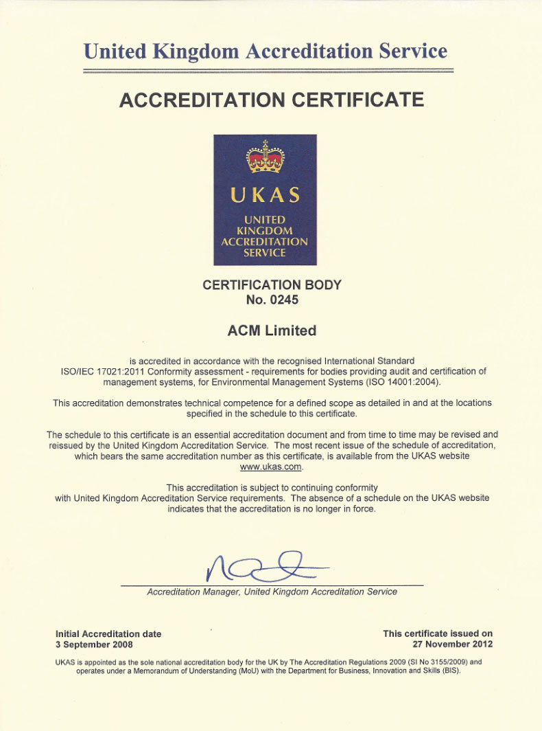 ISO14001认证UKAS认可证书