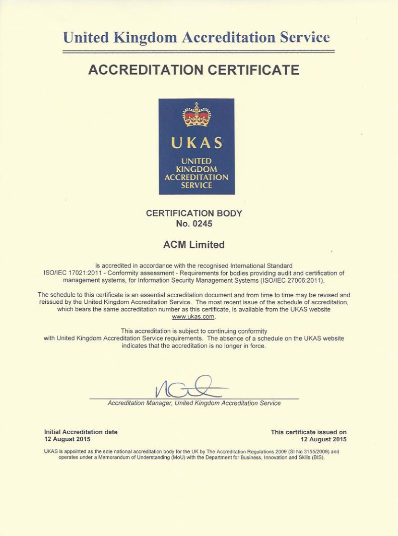 ISO27001认证UKAS认可证书