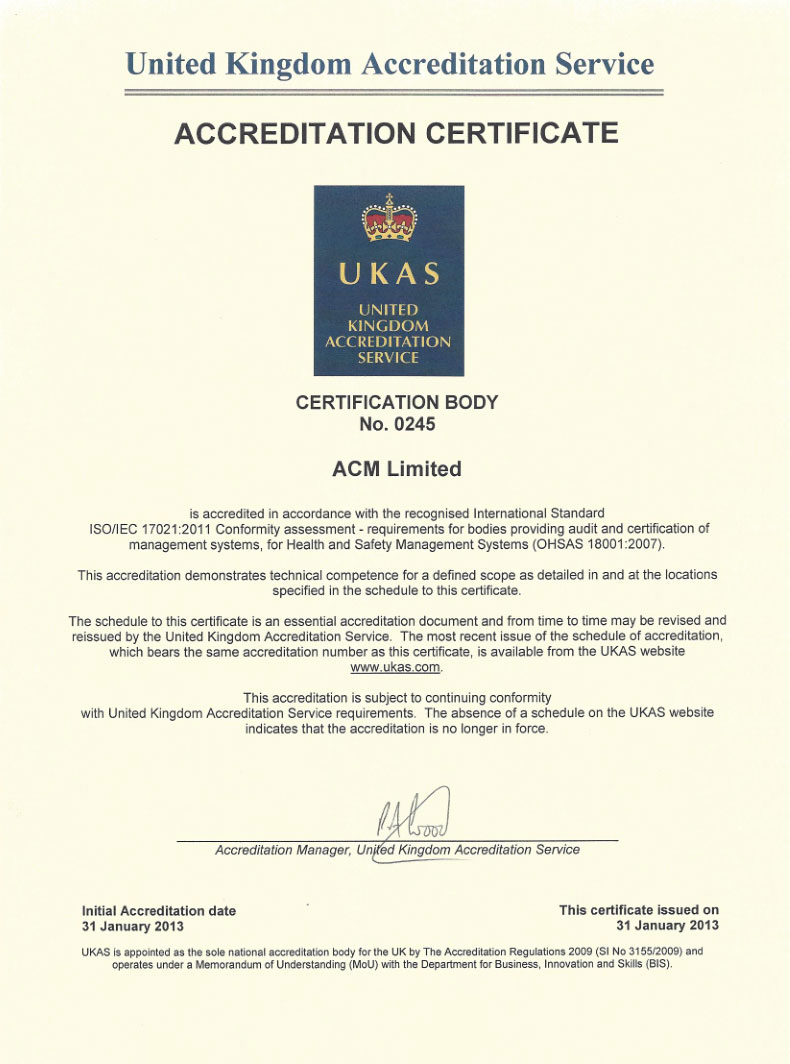 OHSAS18001认证UKAS认可证书